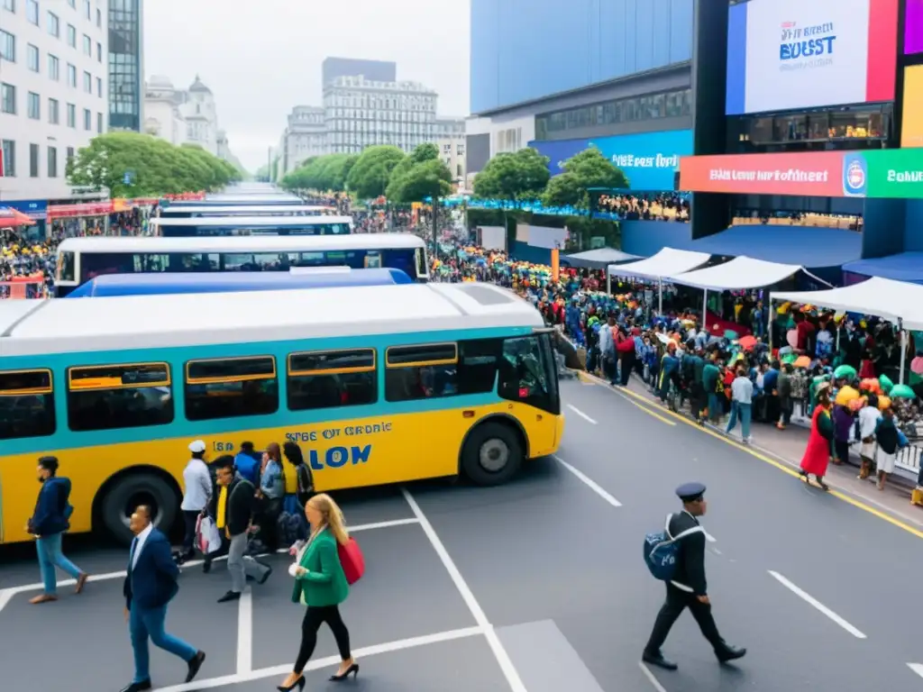 Vista de una bulliciosa calle de la ciudad durante un evento, con banners coloridos y transporte público