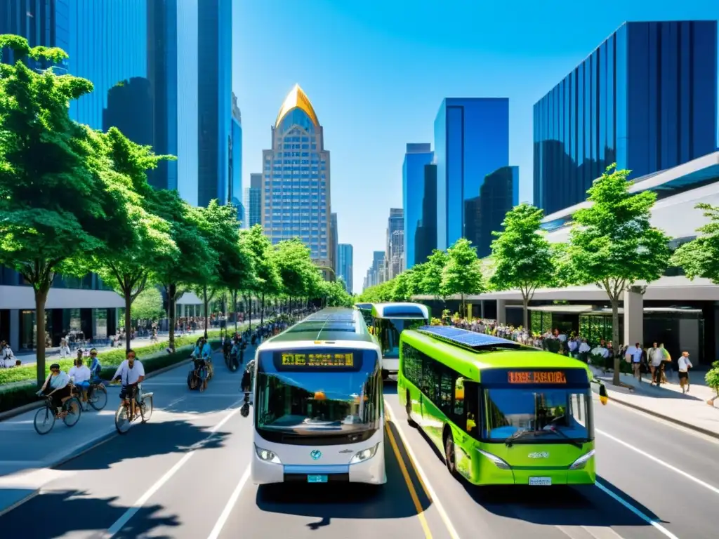 Vista de una bulliciosa calle de la ciudad con transporte sostenible y edificios verdes, reflejando la urgencia climática