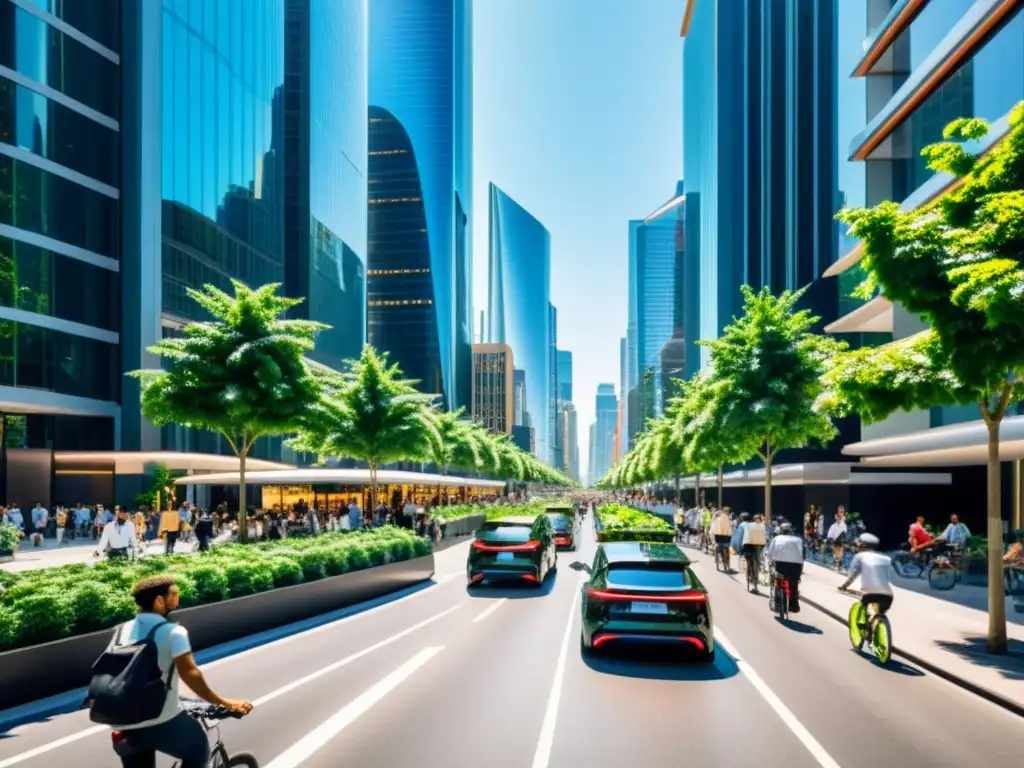 Vista de una bulliciosa calle de la ciudad con movilidad urbana del futuro en armonía y sostenibilidad