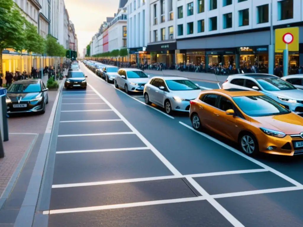 Vista de la bulliciosa calle de la ciudad con espacios de estacionamiento limitados y soluciones estacionamiento inteligente urbano