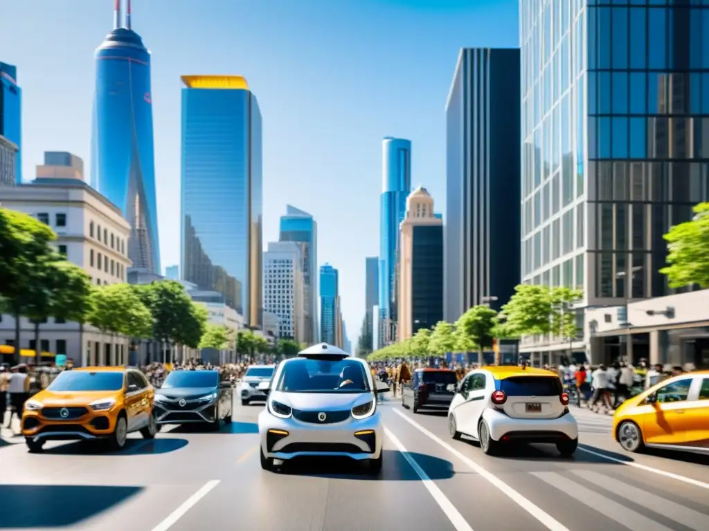 Vista de una bulliciosa calle urbana con integración de plataformas de ride sharing, personas, edificios modernos y movimiento dinámico