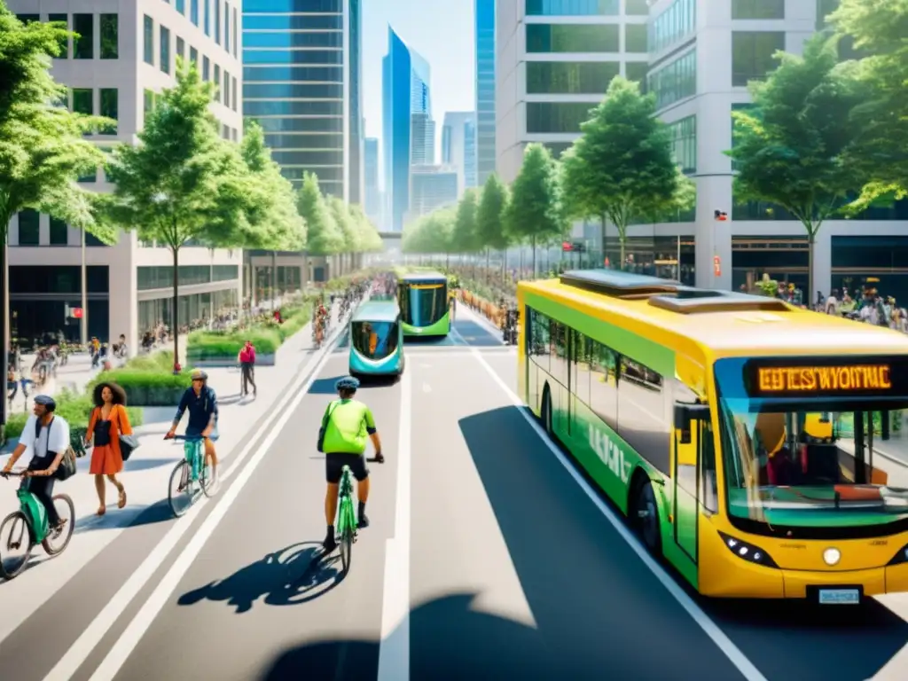 Vista de una bulliciosa calle urbana con transporte ecológico en ciudades, rodeada de rascacielos y vegetación, con ciclistas y autobuses eléctricos, capturando la energía vibrante de la vida urbana sostenible