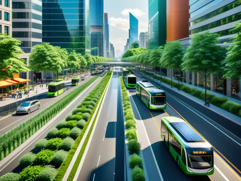 Vista de una bulliciosa calle urbana con carriles exclusivos para autobuses eléctricos y bicicletas, rodeada de vegetación exuberante y infraestructura urbana sostenible como paneles solares y jardines pluviales