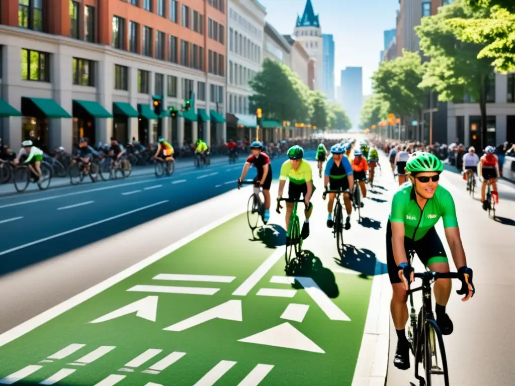 Vista de una bulliciosa calle urbana con ciclovías, ciclistas de todas las edades pedaleando junto al tráfico