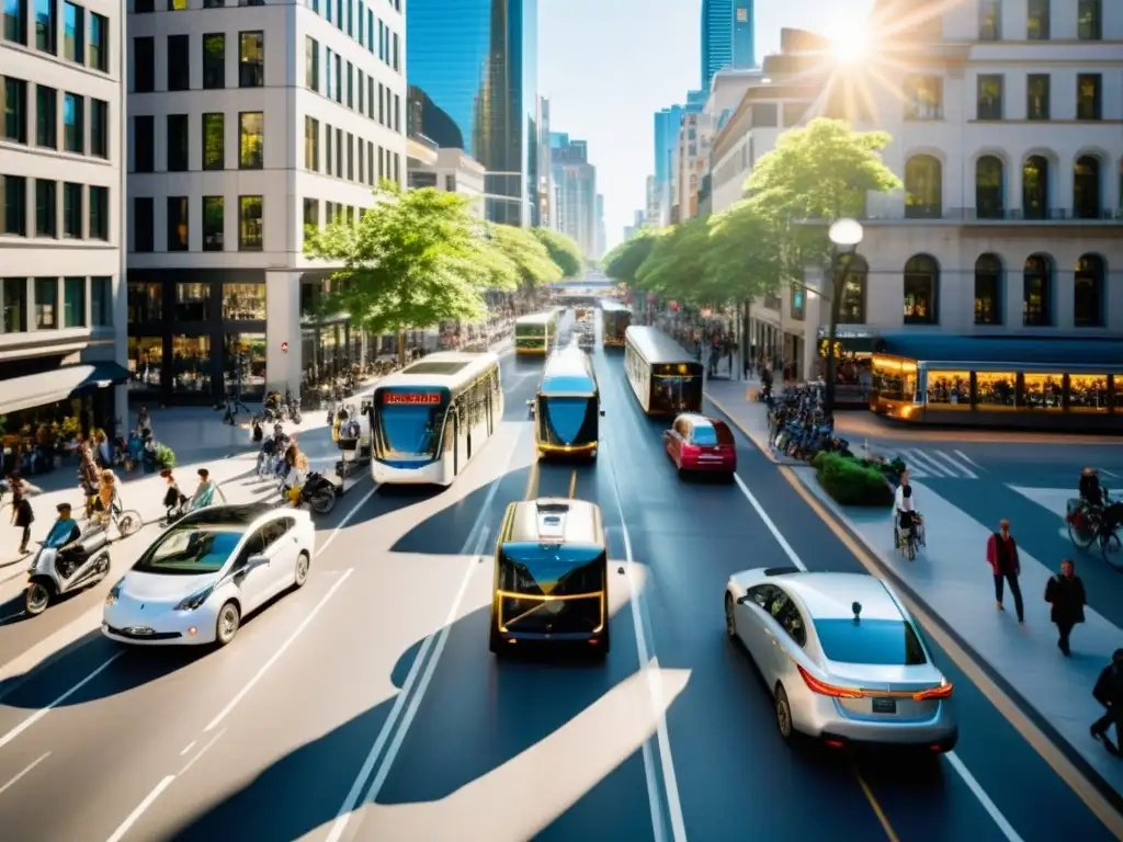 Vista de una bulliciosa calle urbana con diversidad de medios de transporte, resaltando la sostenibilidad en la movilidad urbana