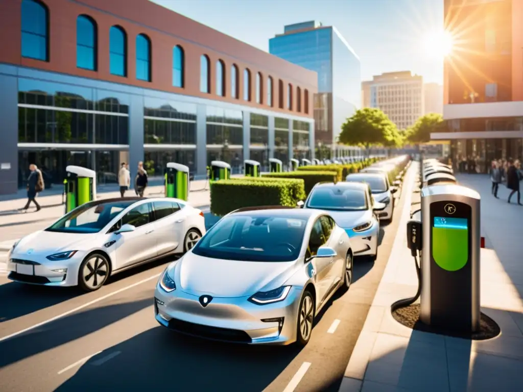 Vista de una bulliciosa calle urbana con cargadores solares para autos eléctricos sostenibles, reflejando progreso y sostenibilidad