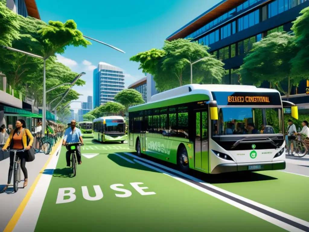 Vista de una bulliciosa calle urbana con autobuses eléctricos y bicicletas, rodeada de vegetación exuberante y edificios ecológicos