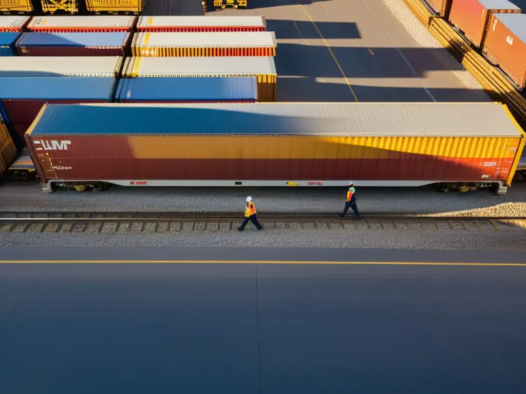 Vista cálida y eficiente de la evolución del transporte intermodal, con trabajadores y contenedores en la estación