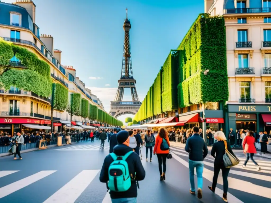 Vista de una calle animada de París con la Torre Eiffel al fondo, capturada desde la perspectiva de una cámara personal para seguridad en viajes, mostrando la arquitectura parisina y la vida diaria de locales y turistas