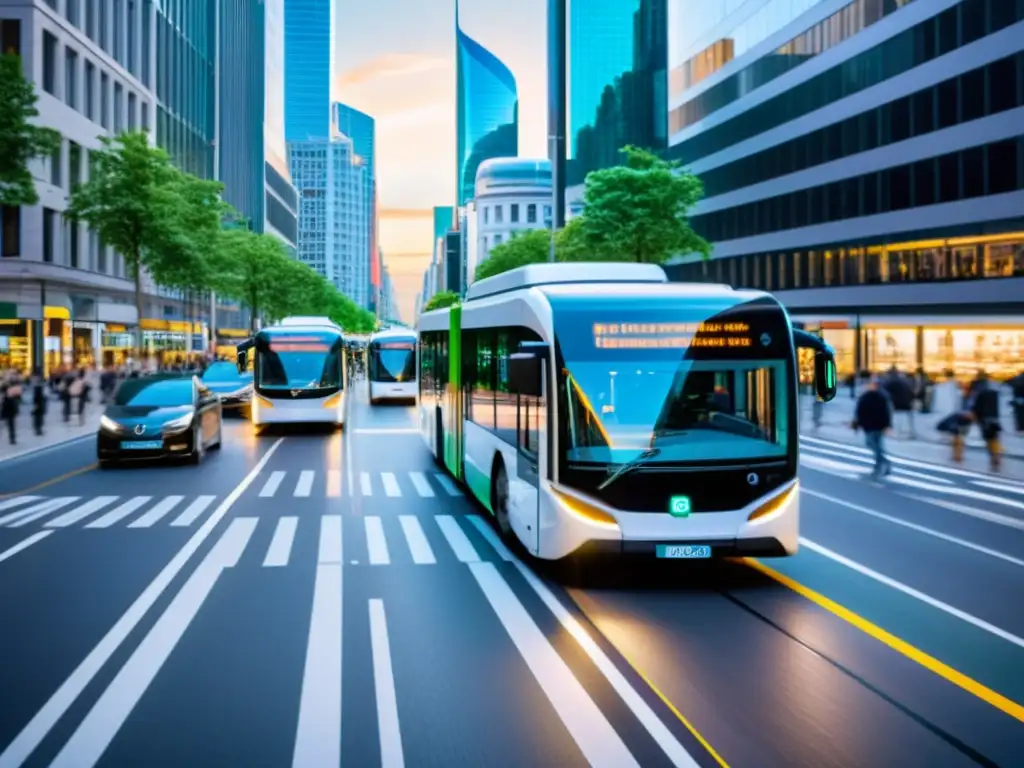 Vista de la calle de una ciudad bulliciosa, con autobuses eléctricos, ciclistas y peatones moviéndose armoniosamente gracias a la integración de la Inteligencia Artificial en transporte sostenible