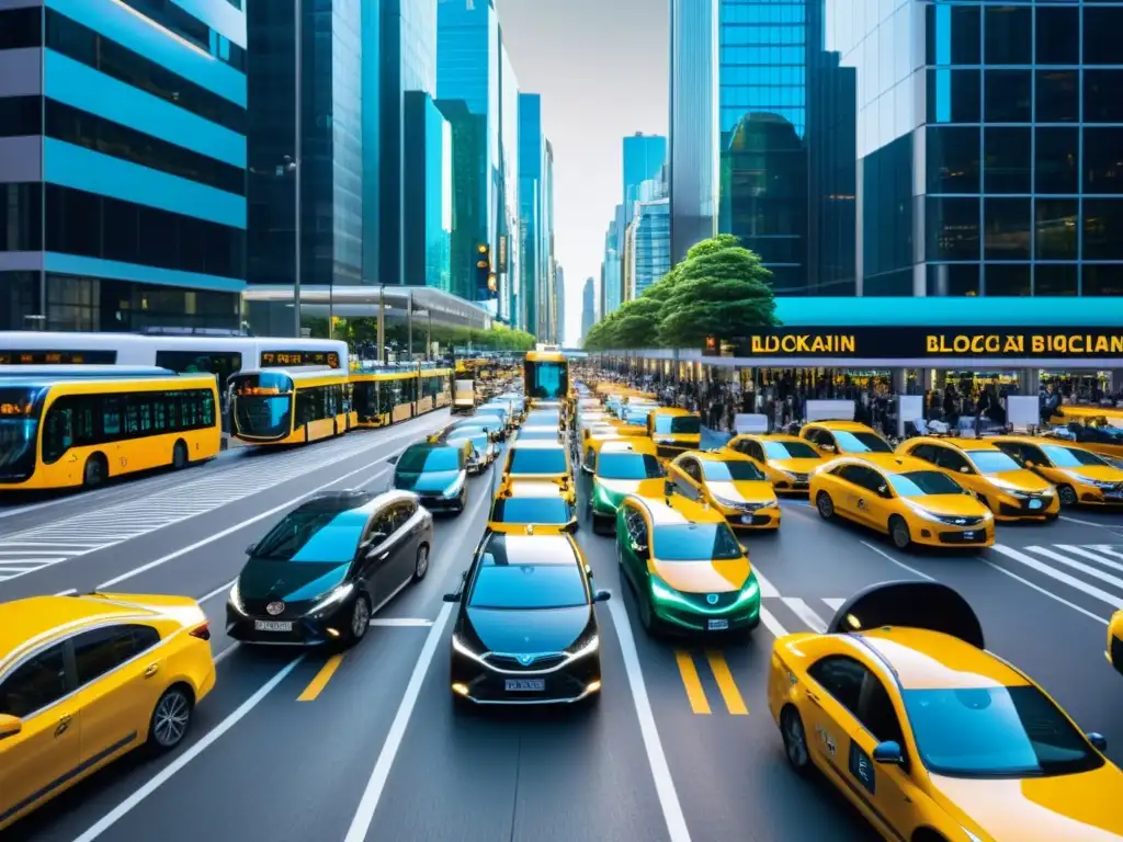 Vista de una calle de la ciudad llena de autobuses, taxis y peatones, todos moviéndose de manera sincronizada