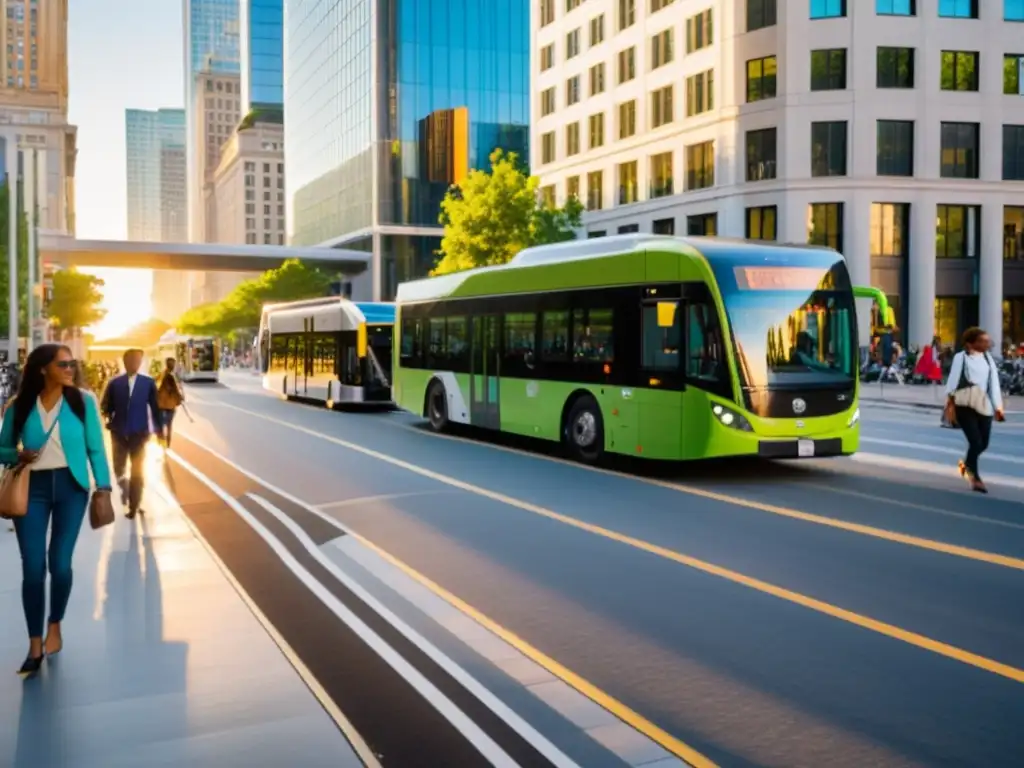 Vista de una calle urbana bulliciosa con transporte sostenible y gente de todas las edades, resaltando la importancia de la educación en transporte