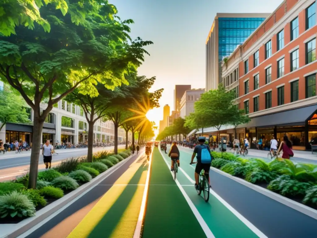 Vista de calle urbana con infraestructura verde para transporte agenda política, con árboles, transporte ecoamigable y ciclistas al atardecer