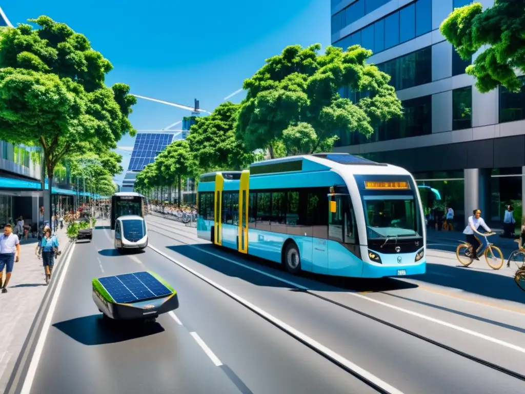 Vista de una calle urbana llena de vida con transporte sostenible y tecnologías verdes, rodeada de naturaleza