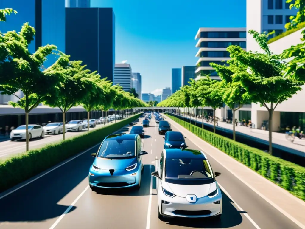 Vista de una calle urbana llena de vehículos eléctricos, mostrando el impacto positivo en la industria de la energía y el medio ambiente