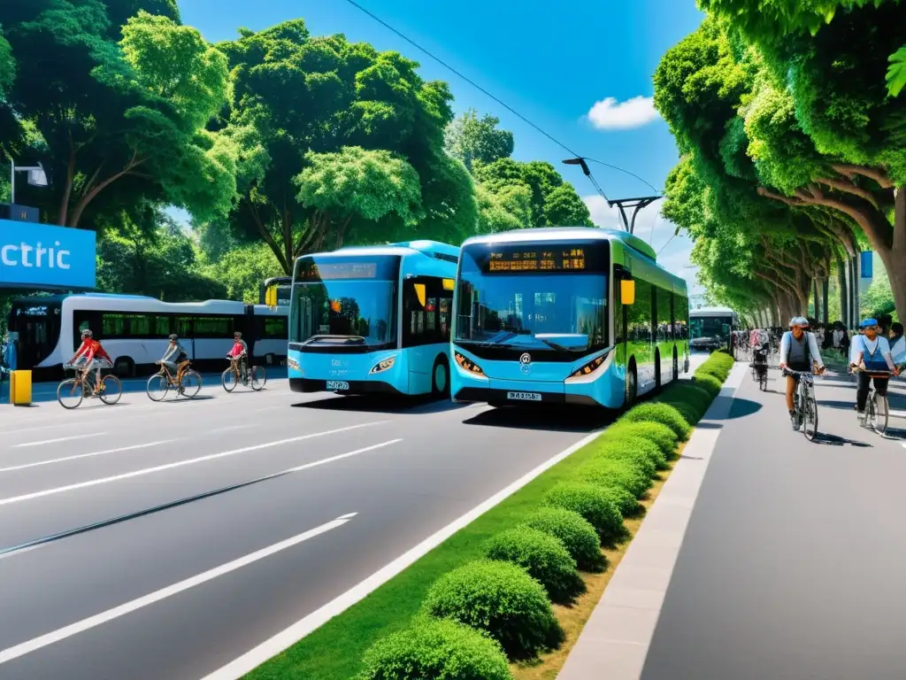 Vista de una calle urbana llena de autobuses eléctricos, ciclistas y peatones, rodeada de árboles verdes y cielos despejados