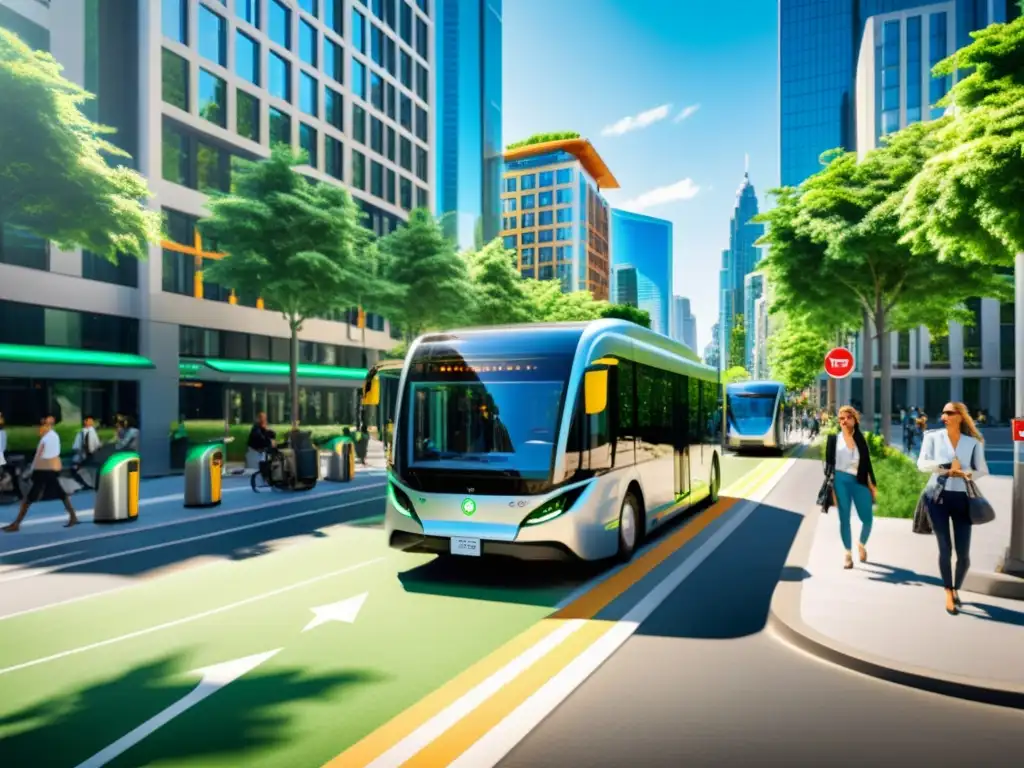 Vista de calle urbana con transporte eléctrico, estaciones de carga y energía renovable en transporte futuro