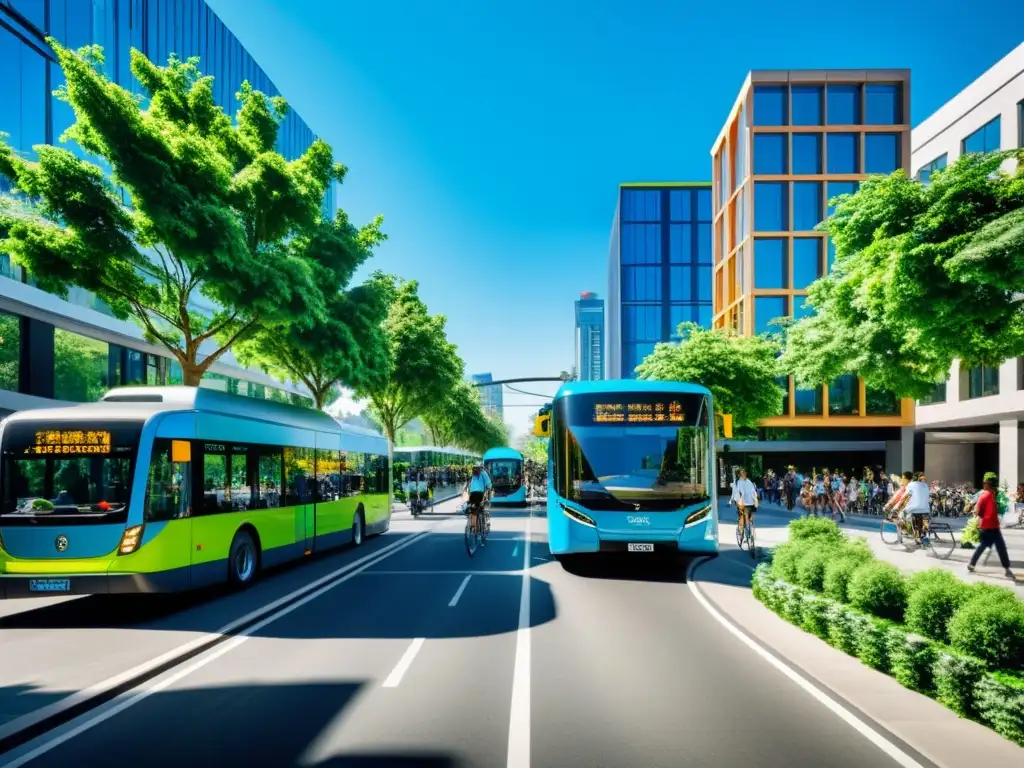 Vista de una calle urbana con transporte sostenible, rodeada de vegetación y arquitectura moderna