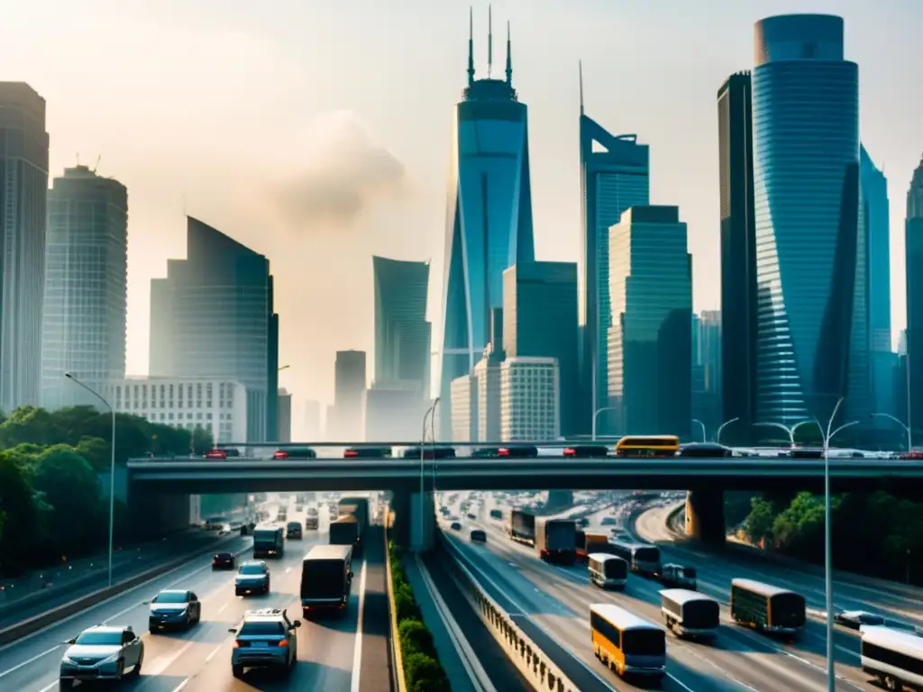 Vista caótica de una autopista urbana entre rascacielos, reflejando el impacto ambiental de la infraestructura de transporte