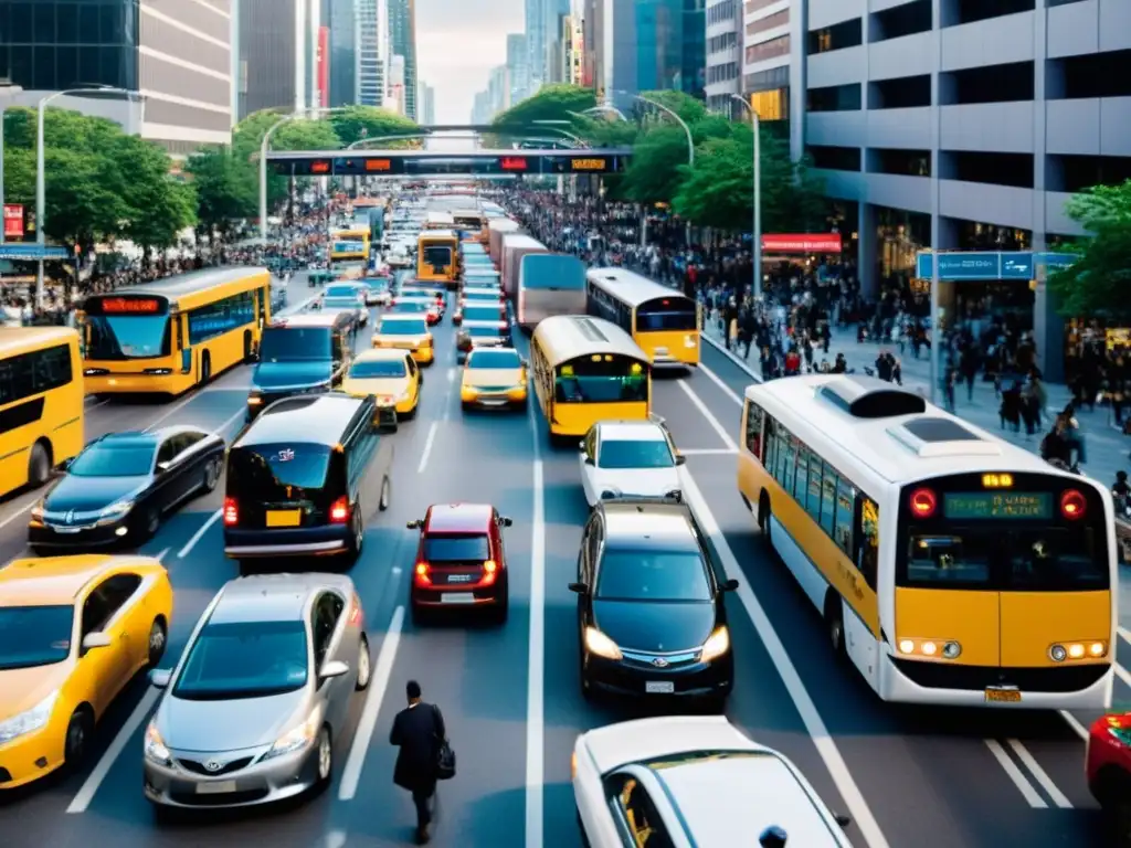 Vista caótica de una calle urbana con tráfico y peatones, mostrando el impacto de la contaminación acústica del transporte