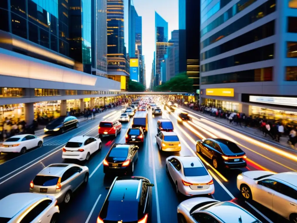 Vista caótica de una calle urbana con tráfico intenso y diverso, reflejando la complejidad del transporte en la ciudad