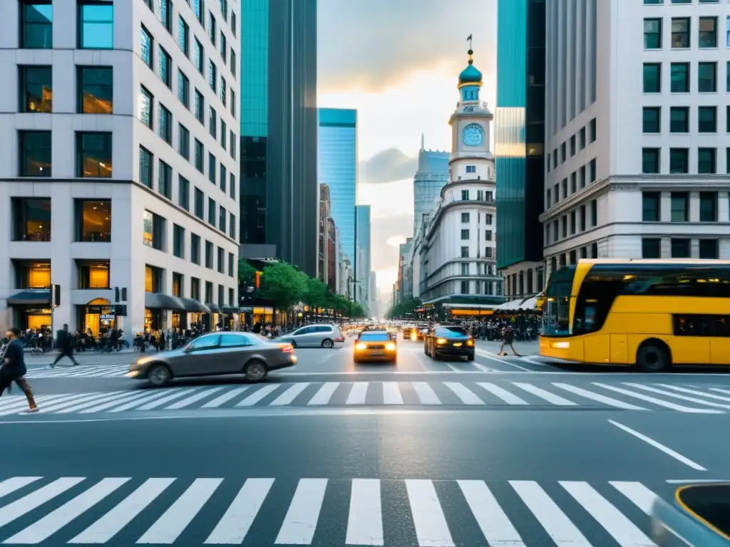 Vista caótica de la ciudad con tráfico y peatones cruzando