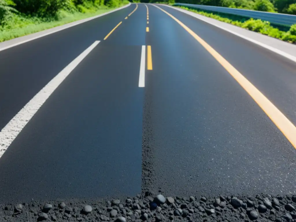 Vista cercana de un camino recién pavimentado con asfalto ecológico, resaltando su textura suave y color oscuro