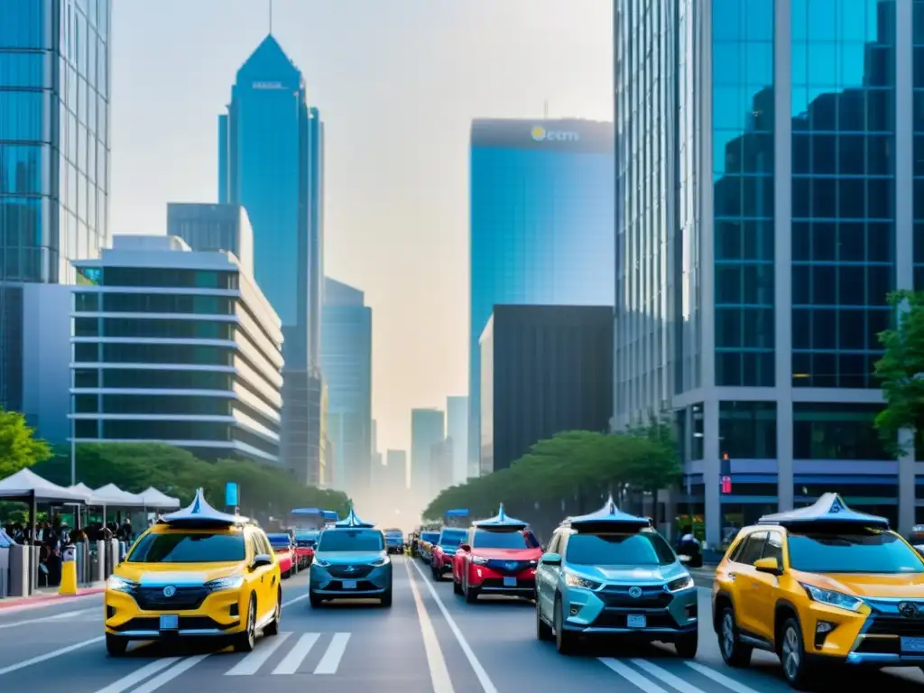 Vista de la ciudad con autos de ride sharing de colores y medidas de pandemia como desinfectante y distanciamiento social