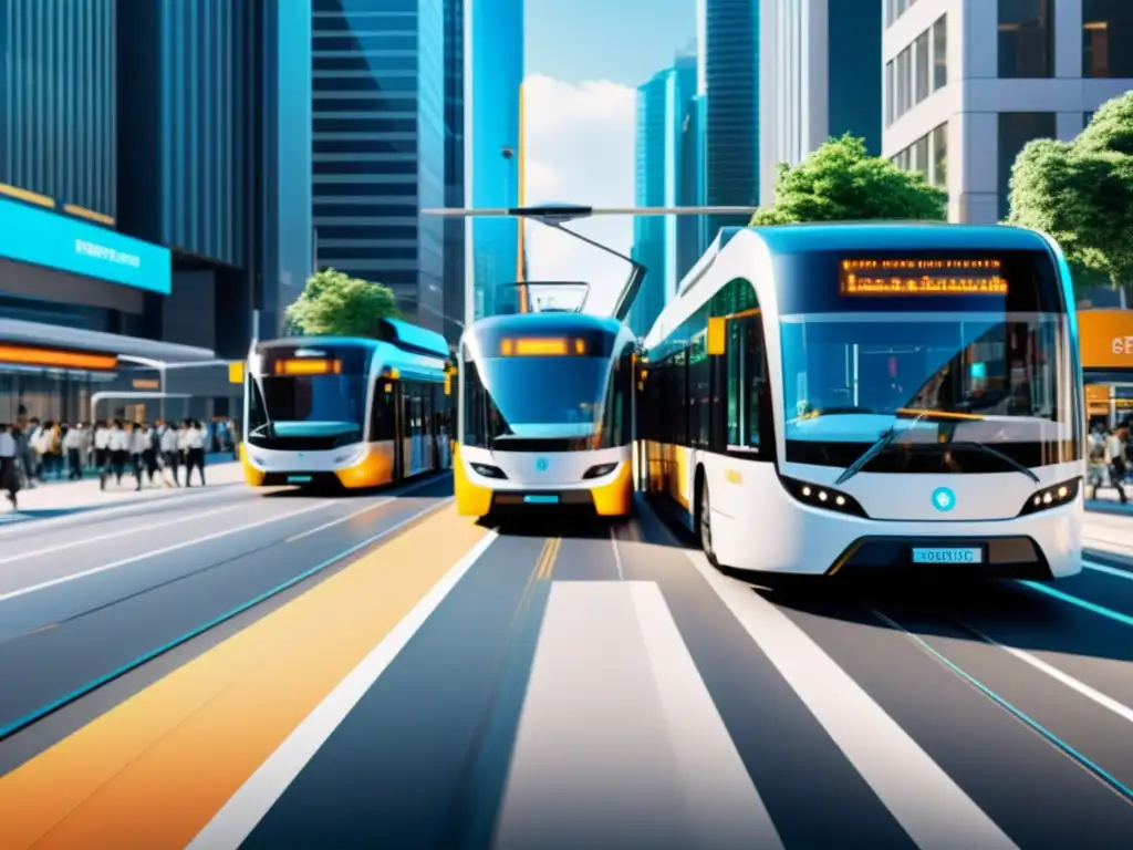 Vista de la ciudad con buses y tranvías automatizados, reflejando el futuro del transporte urbano automatizado con eficiencia y energía futurista