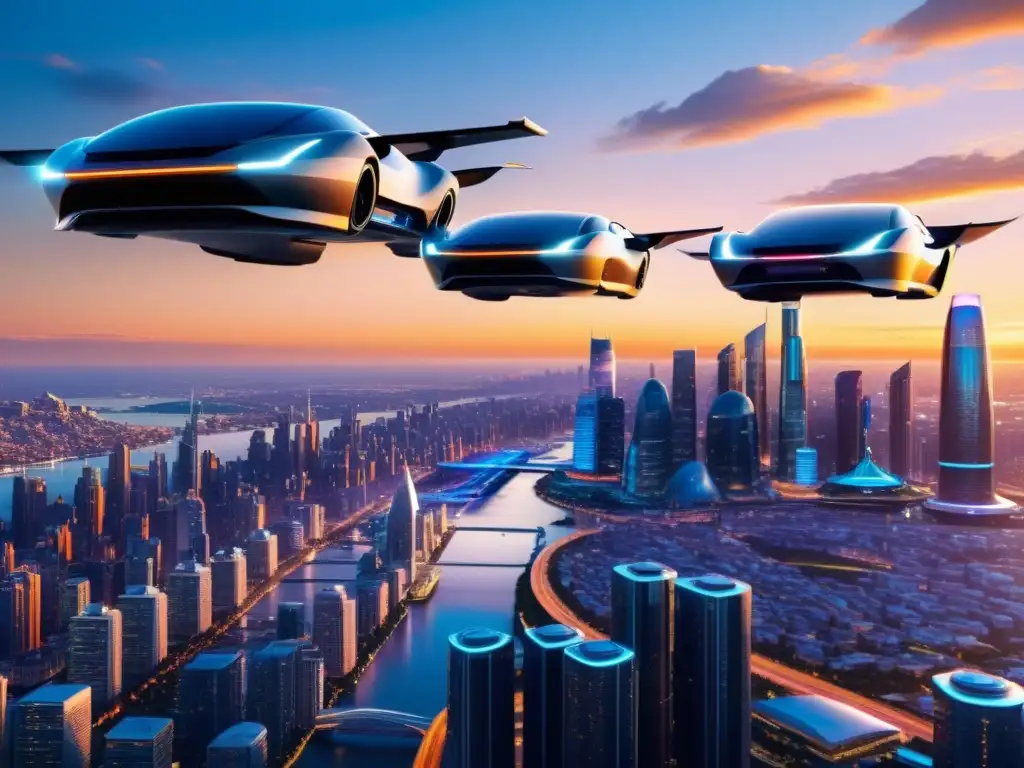 Vista de la ciudad futurista al atardecer, con autos voladores evolución historia tecnología integrados en el paisaje urbano