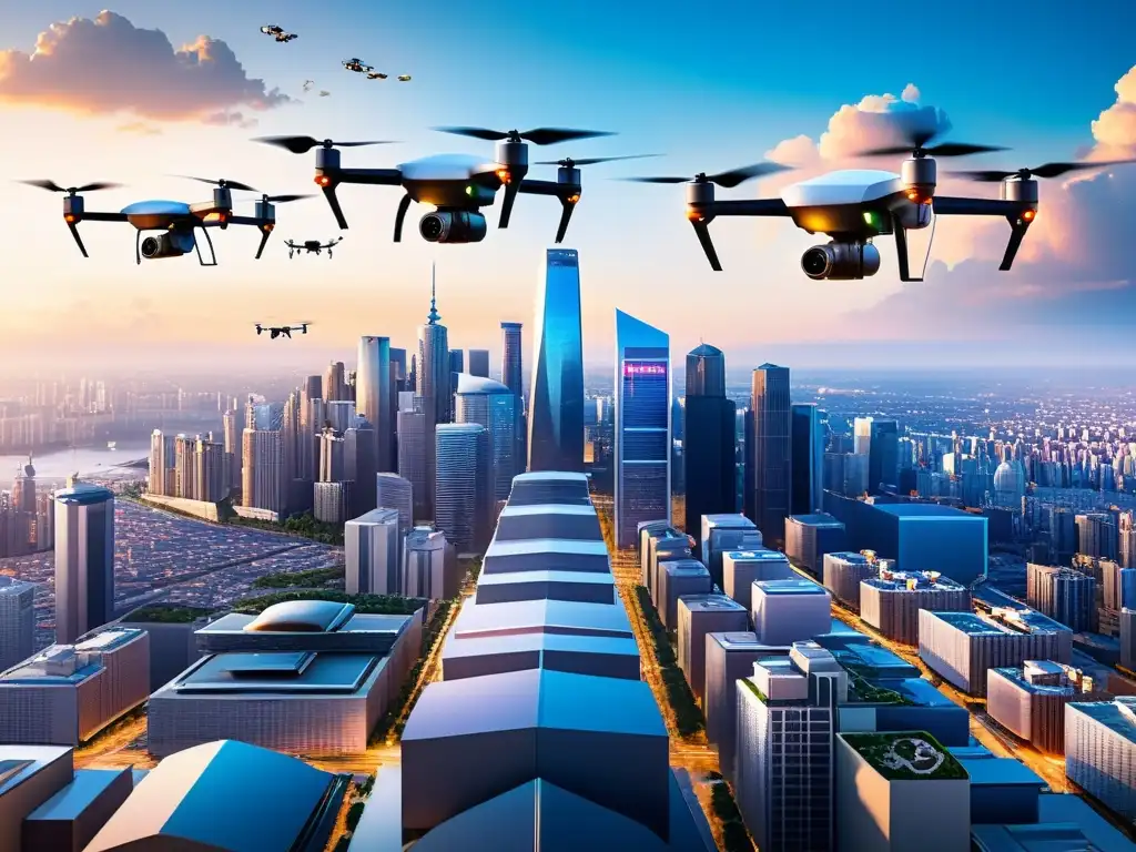 Vista de la ciudad futurista con drones de entrega ecológicos