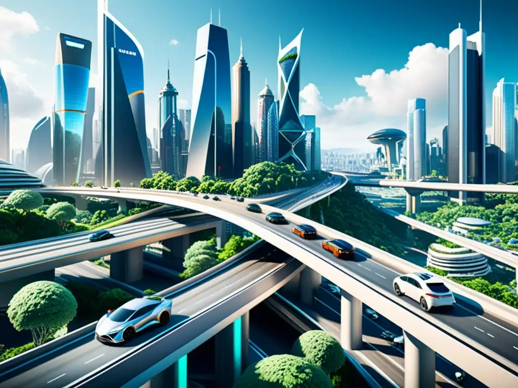 Vista 8k de ciudad futurista con evolución de medios transporte y avanzada infraestructura urbana