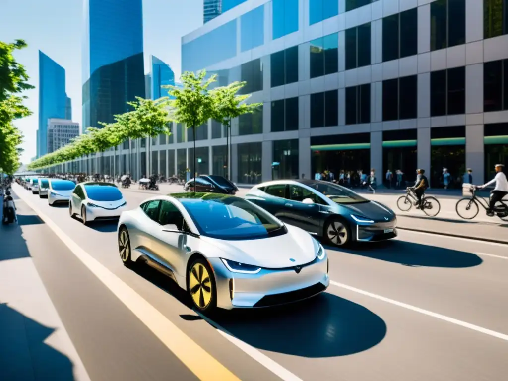 Vista de la ciudad del futuro con vehículos eléctricos innovadores y tecnología sostenible integrada en el paisaje urbano