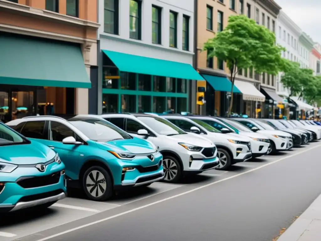 Vista de la ciudad con diversos modelos de negocio en Car Sharing, mostrando una escena urbana vibrante y diversa