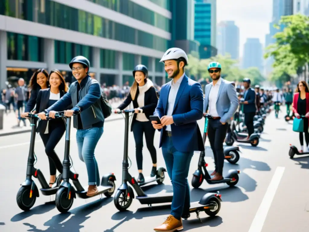 Vista de una ciudad moderna con scooters eléctricos y personas en movimiento, mostrando el desarrollo de medios de transporte urbano