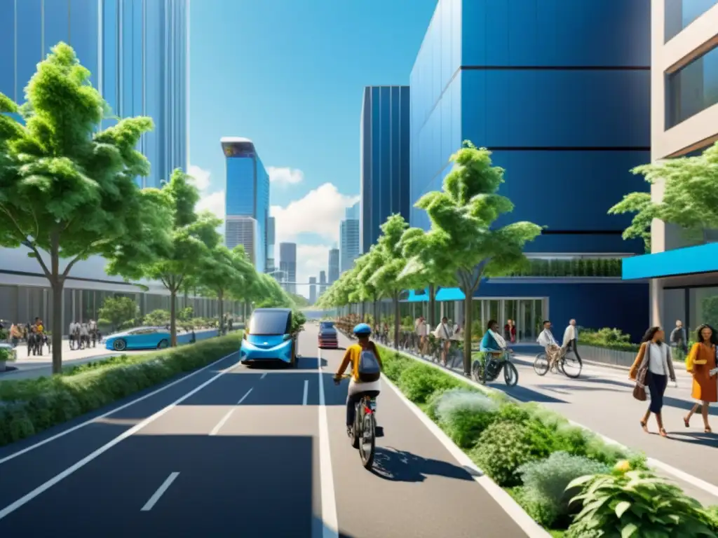 Escena urbana sostenible: movilidad eléctrica y armonía ambiental Vista de una ciudad moderna con transporte sostenible, reflejando la evolución de la legislación en el transporte urbano