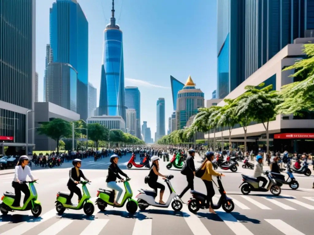 Vista de la ciudad con scooters y bicicletas eléctricas en medio del tráfico, mostrando el desarrollo de medios de transporte urbano sostenible