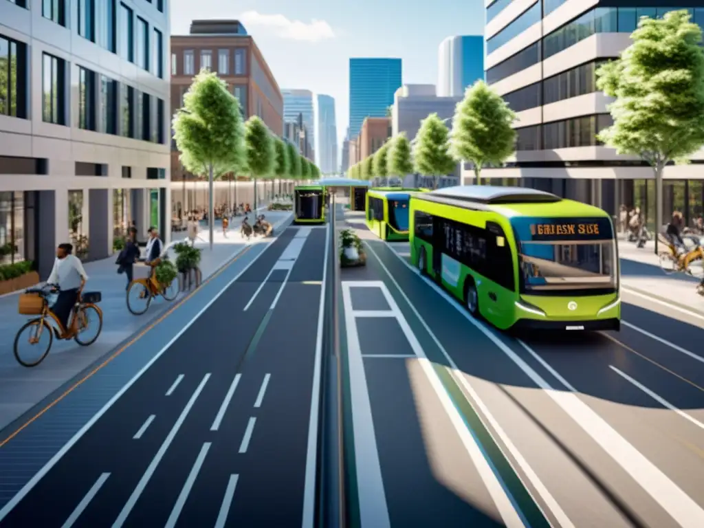 Vista de ciudad sostenible con buses eléctricos, paneles solares y estaciones de carga, evolución medios transporte infraestructura urbana