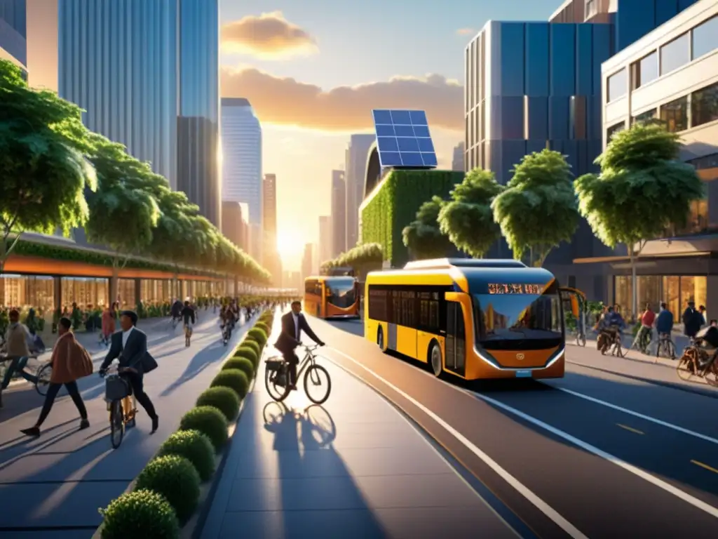 Vista de una ciudad sostenible con certificaciones ambientales para movilidad urbana, con autobuses eléctricos y edificios verdes al atardecer