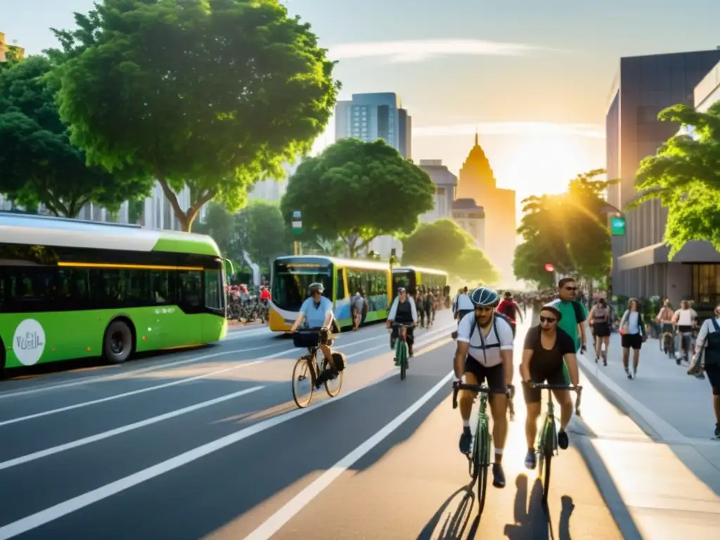 Vista de una ciudad sostenible con estrategias de movilidad, repleta de vida y rodeada de arquitectura moderna y áreas verdes al atardecer