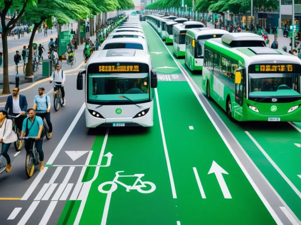 Vista de la ciudad con tecnologías verdes en transporte seguro: buses eléctricos, bicicletas y peatones en armonía urbana sostenible