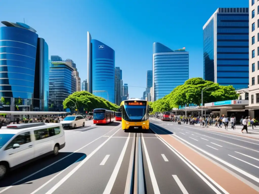 Vista de la ciudad con transporte público diverso y edificios altos, reflejando políticas de transporte cambio climático