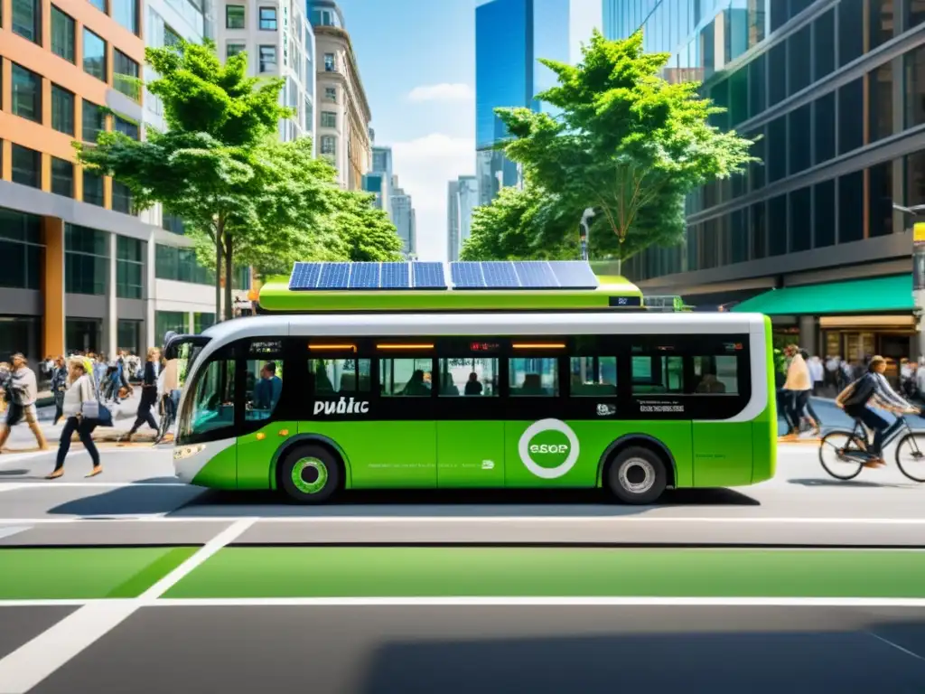 Vista de la ciudad con transporte público ecoamigable y personas comprometidas con la sostenibilidad urbana
