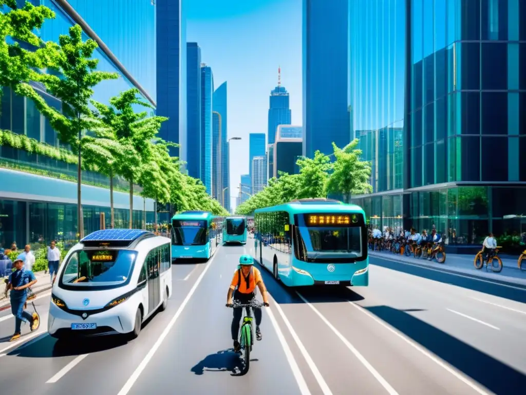 Vista de una ciudad con transporte sostenible, edificios verdes y paneles solares, mostrando la urgencia climática