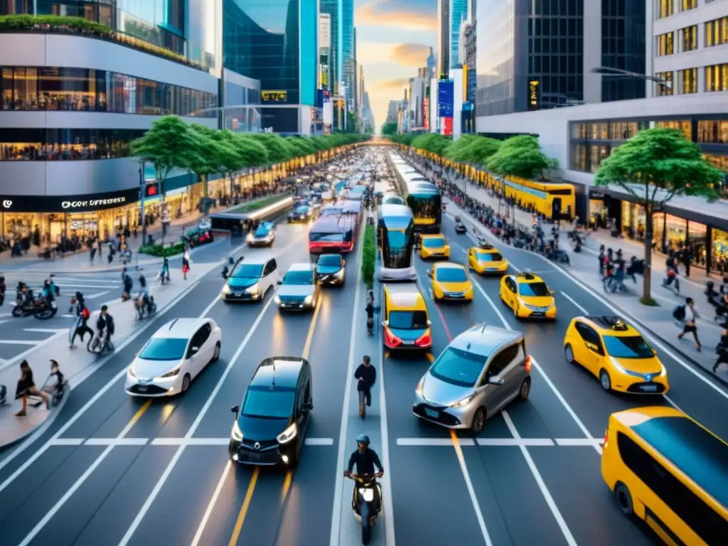 Vista de la ciudad con transporte variado y personas