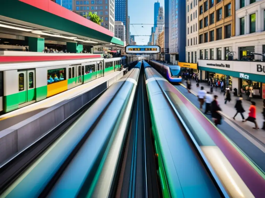 Vista de la ciudad con tren de metro moderno y colorido