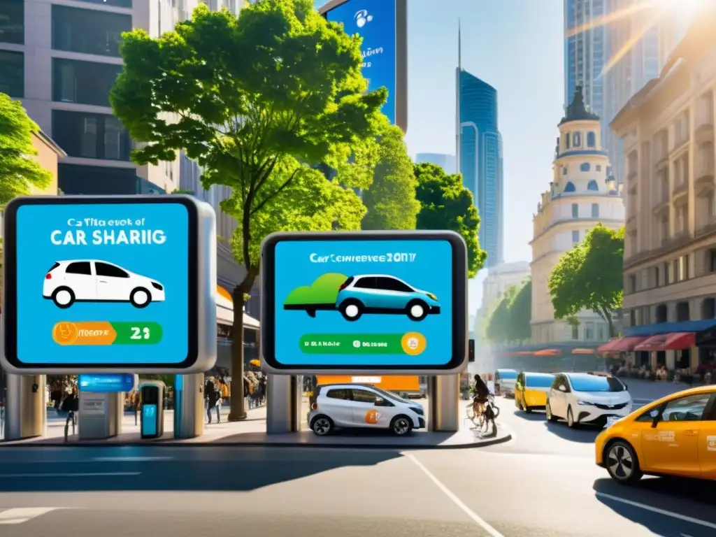 Vista de una ciudad vibrante con estrategias de publicidad para plataformas de car sharing, resaltando su dinamismo y modernidad