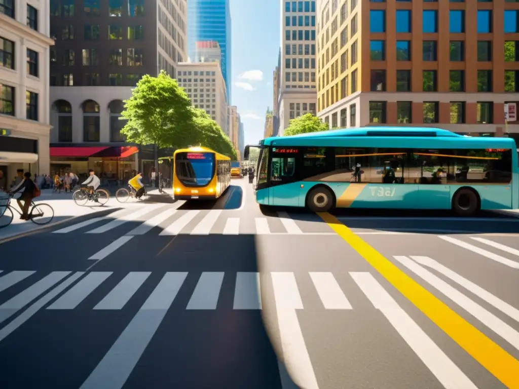 Vista de una concurrida esquina de la ciudad con múltiples modos de transporte, destacando la integración de diferentes métodos y la vitalidad urbana