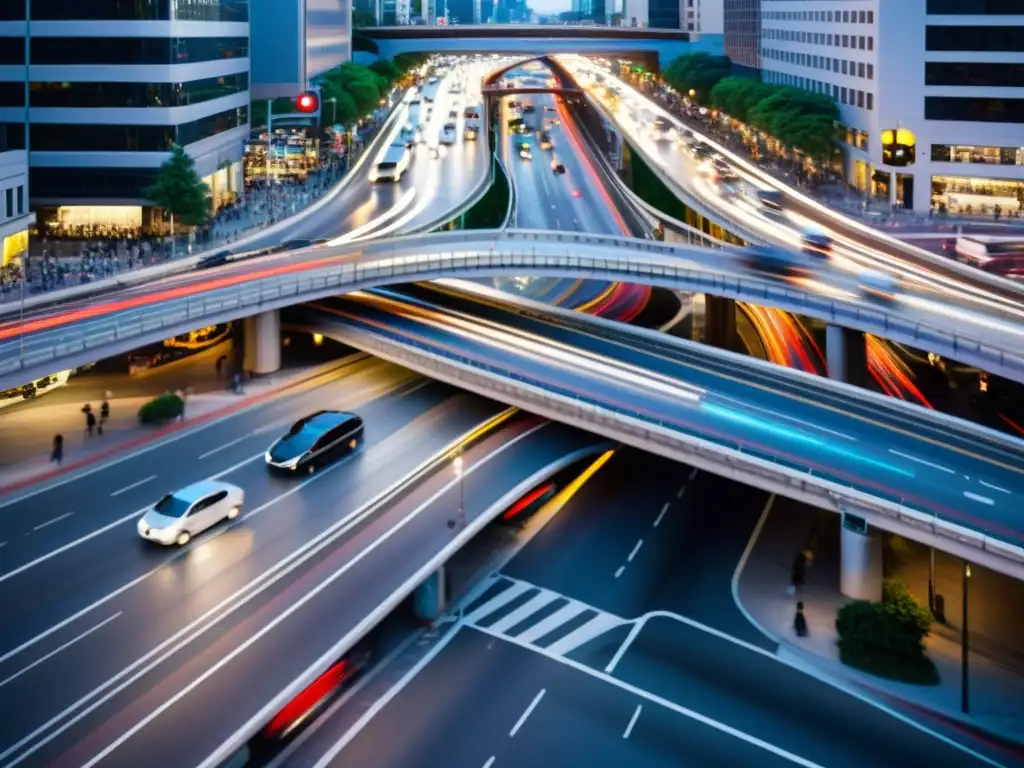 Vista de una concurrida intersección durante la hora pico, resaltando la compleja red de tráfico