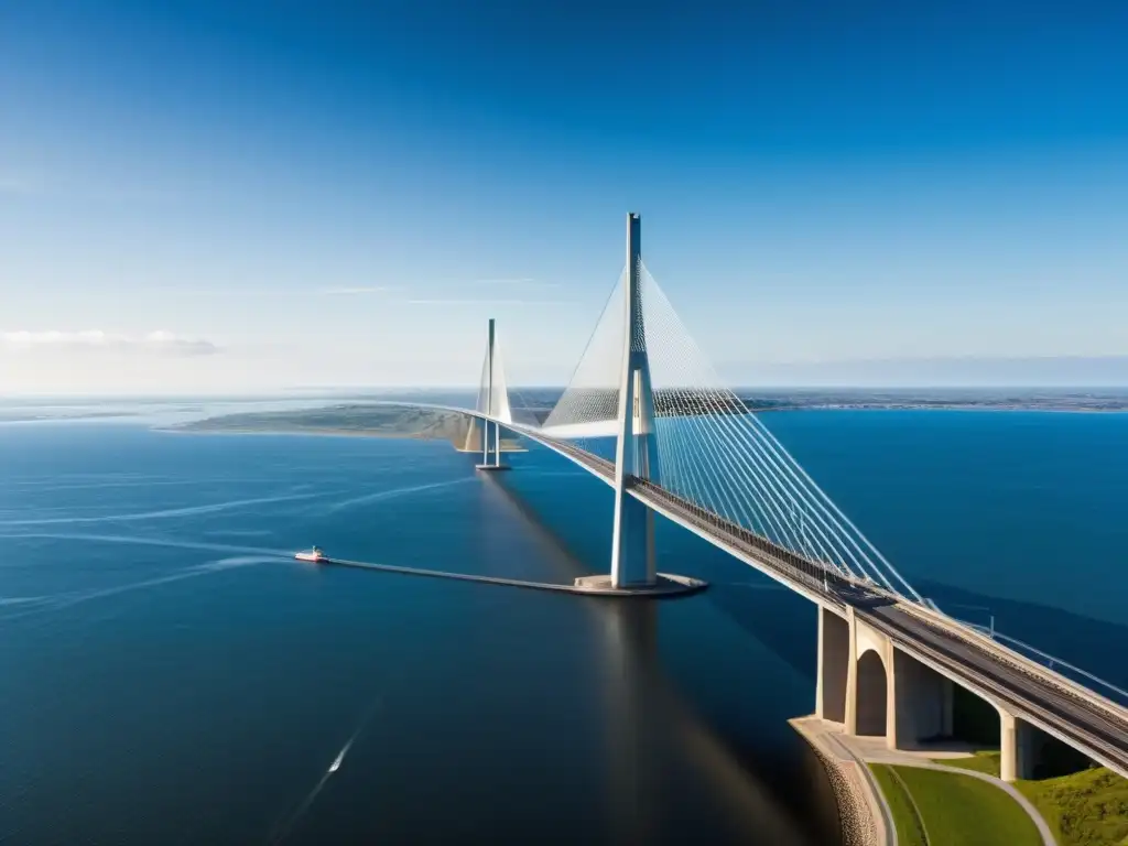 Vista detallada de la arquitectura del Puente de Oresund, destacando su elegante diseño y la integración de elementos viales y ferroviarios